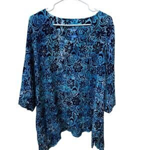 Blue Ginger Top Women XXL Blue Tropical Floral Hawaii V Neck Blouse Rayon Tunics